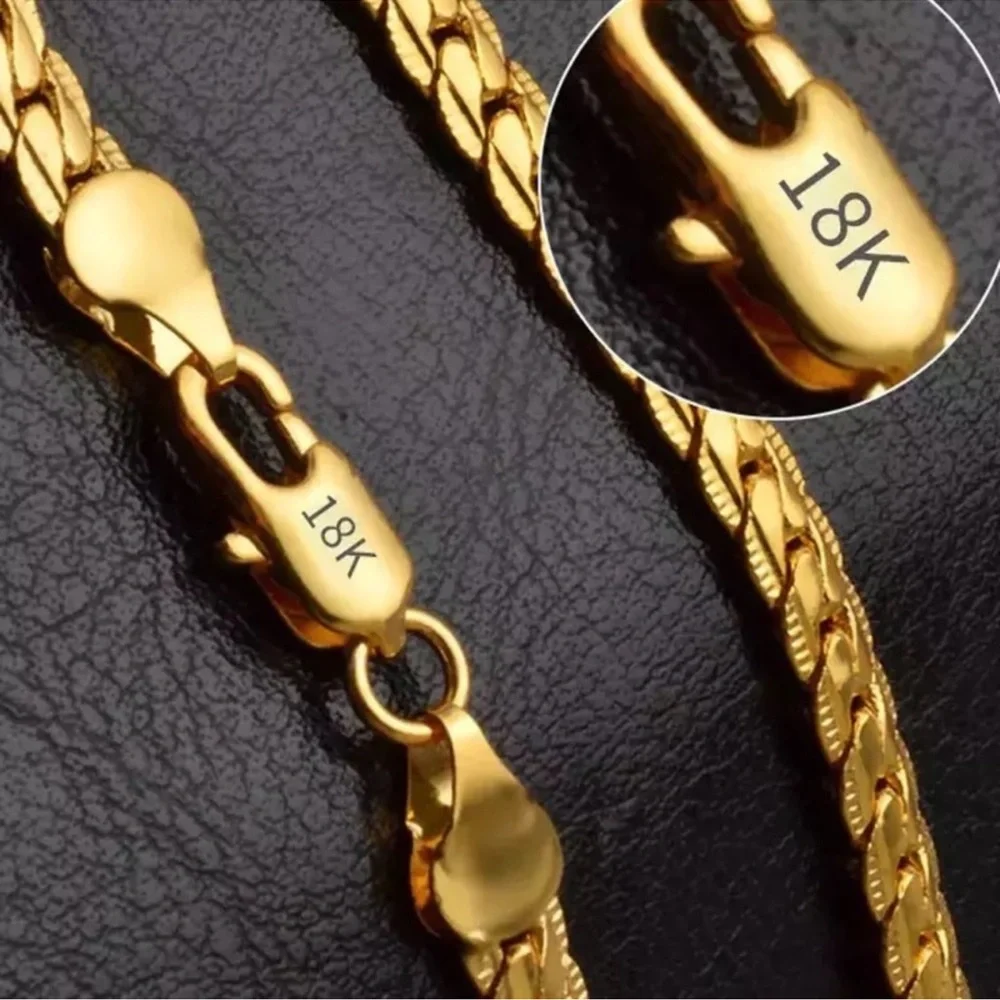 18k Gold 45cm 5MM Full Sideways Chain Necklace For Women Men Fashion Jewelry - Picture 3 of 3